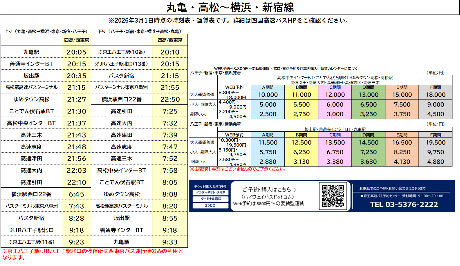 丸亀・高松 ⇔ 横浜・新宿【ハローブリッジ号】時刻表